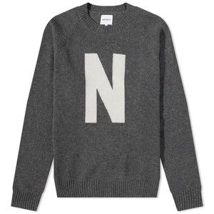 Norse Projects Charcoal Gray Crewneck Sweater with White 'N' Logo